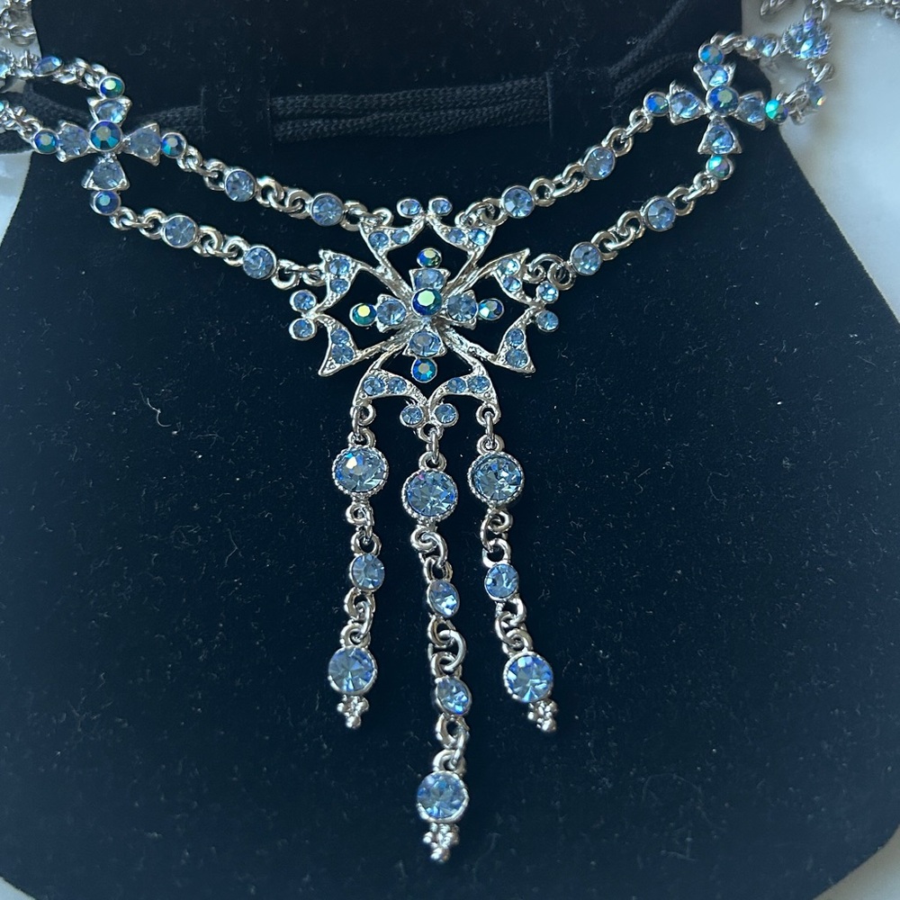 Silver Blue Crystal Cross Statement Necklace - image 2